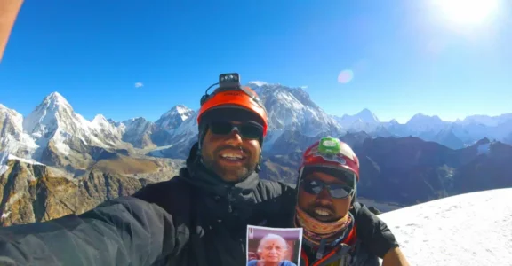 Shree ji from australia and Climbing guide , Pasang on the top of the Lobuche peak.