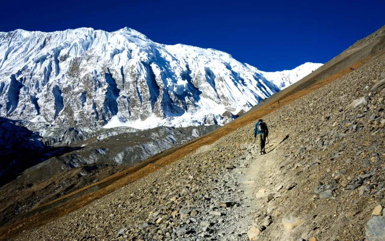 Trekker on the way to the Annapurna Circuit 